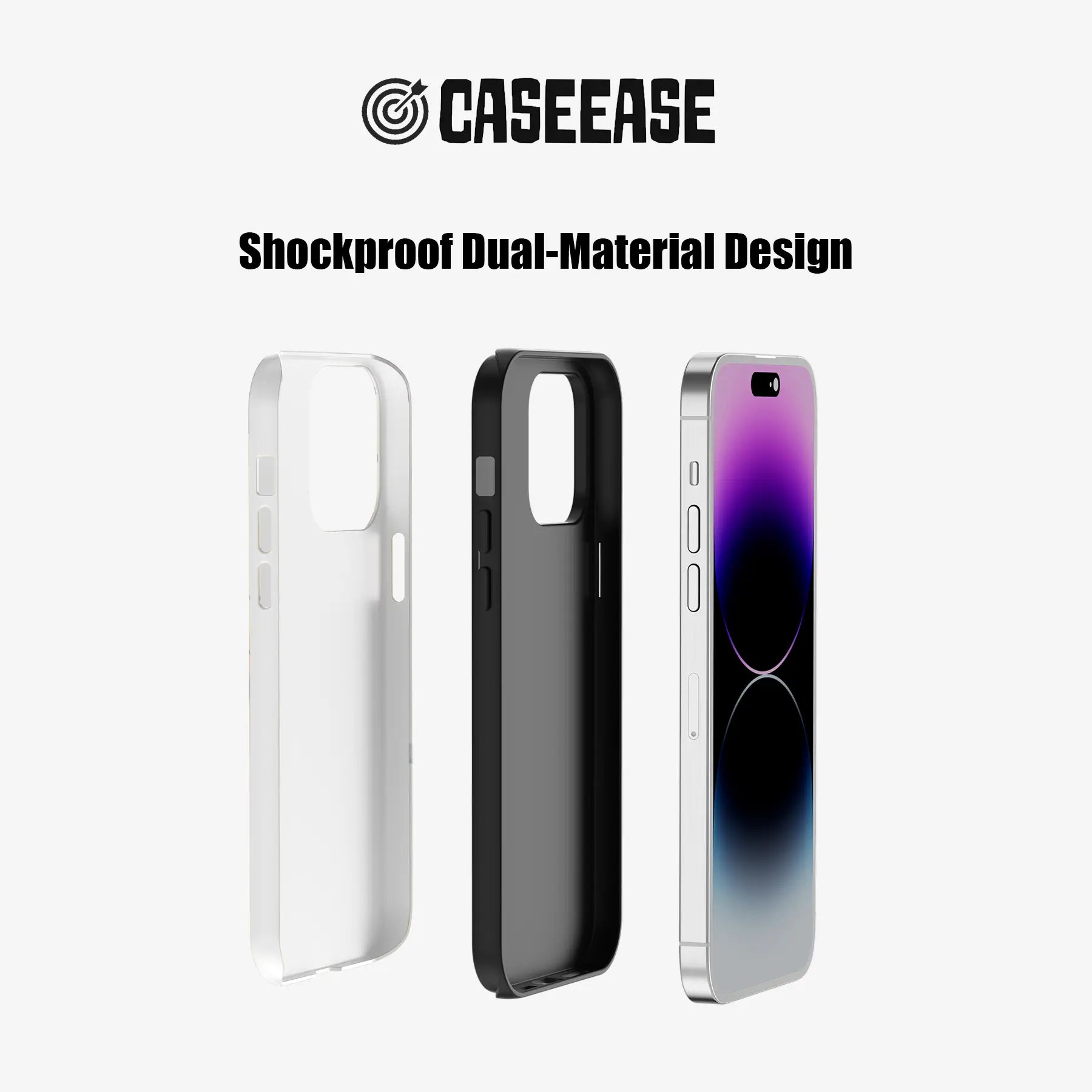 Clear and black Caseease phone cases shown exploded beside silver smartphone front angle