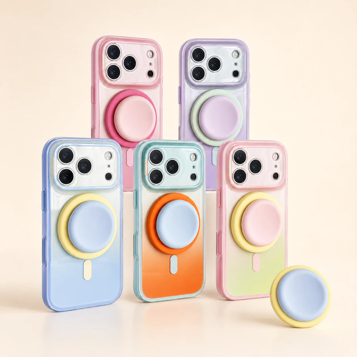 Phone case and matching circular magnetic stand bundle in five colors