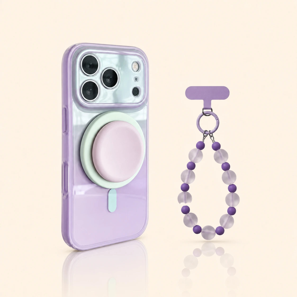 Mint Lavender gradient magnetic iPhone case with matching stand and purple beaded wrist chain