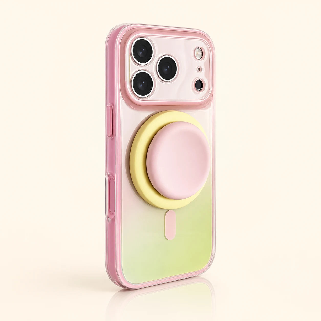 Pink Lime gradient phone case with yellow and pink circular magnetic stand