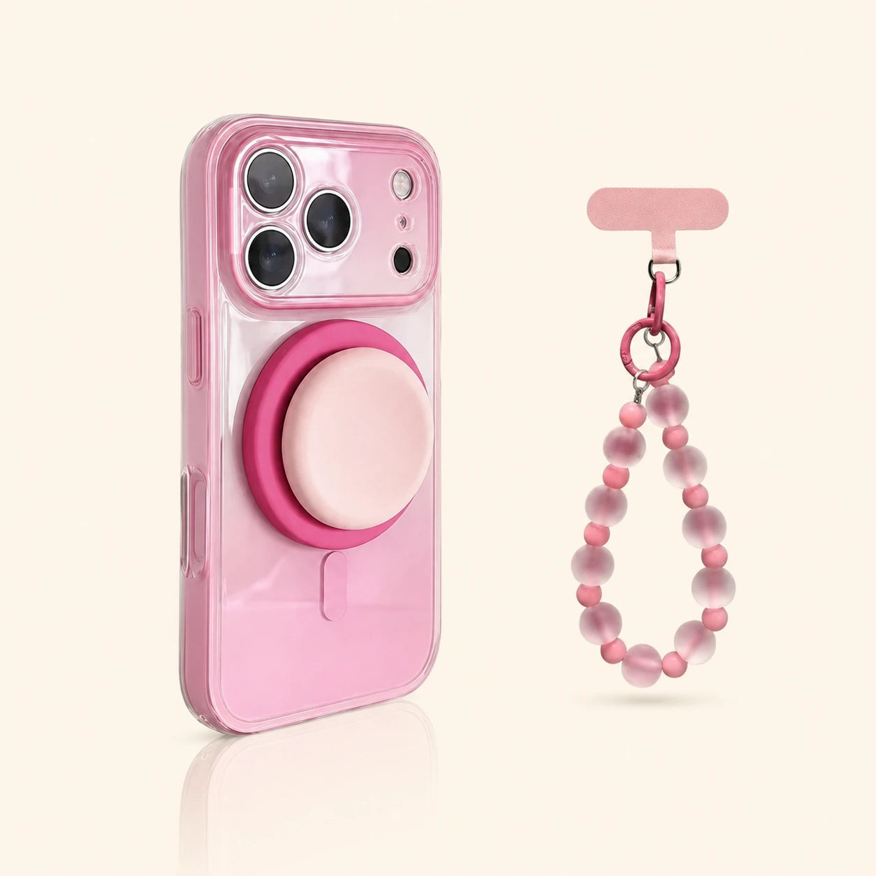 Rose Pink gradient magnetic iPhone case with matching stand and pink beaded wrist chain