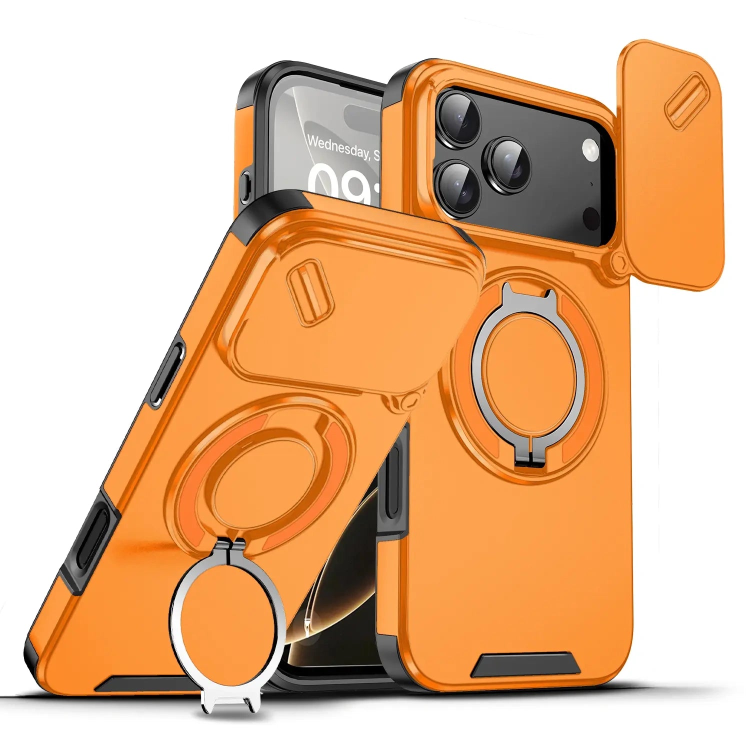 Heavy-duty iPhone case with sliding camera cover in Orange