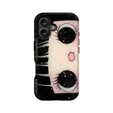 Black and pink starry cartoon eye phone case shown from back angle
