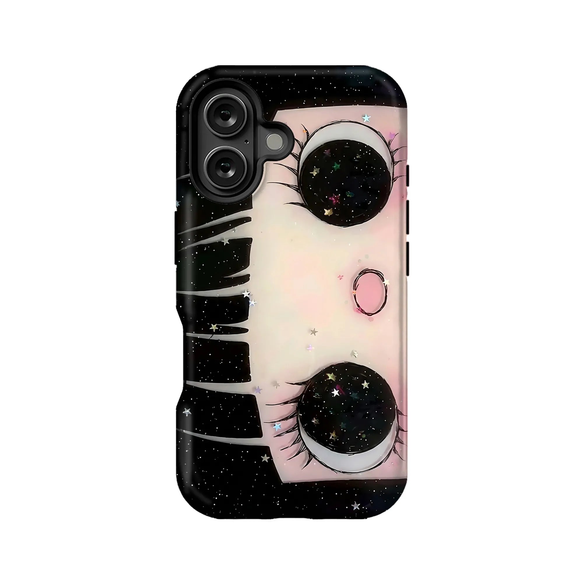 Black and pink starry cartoon eye phone case shown from back angle