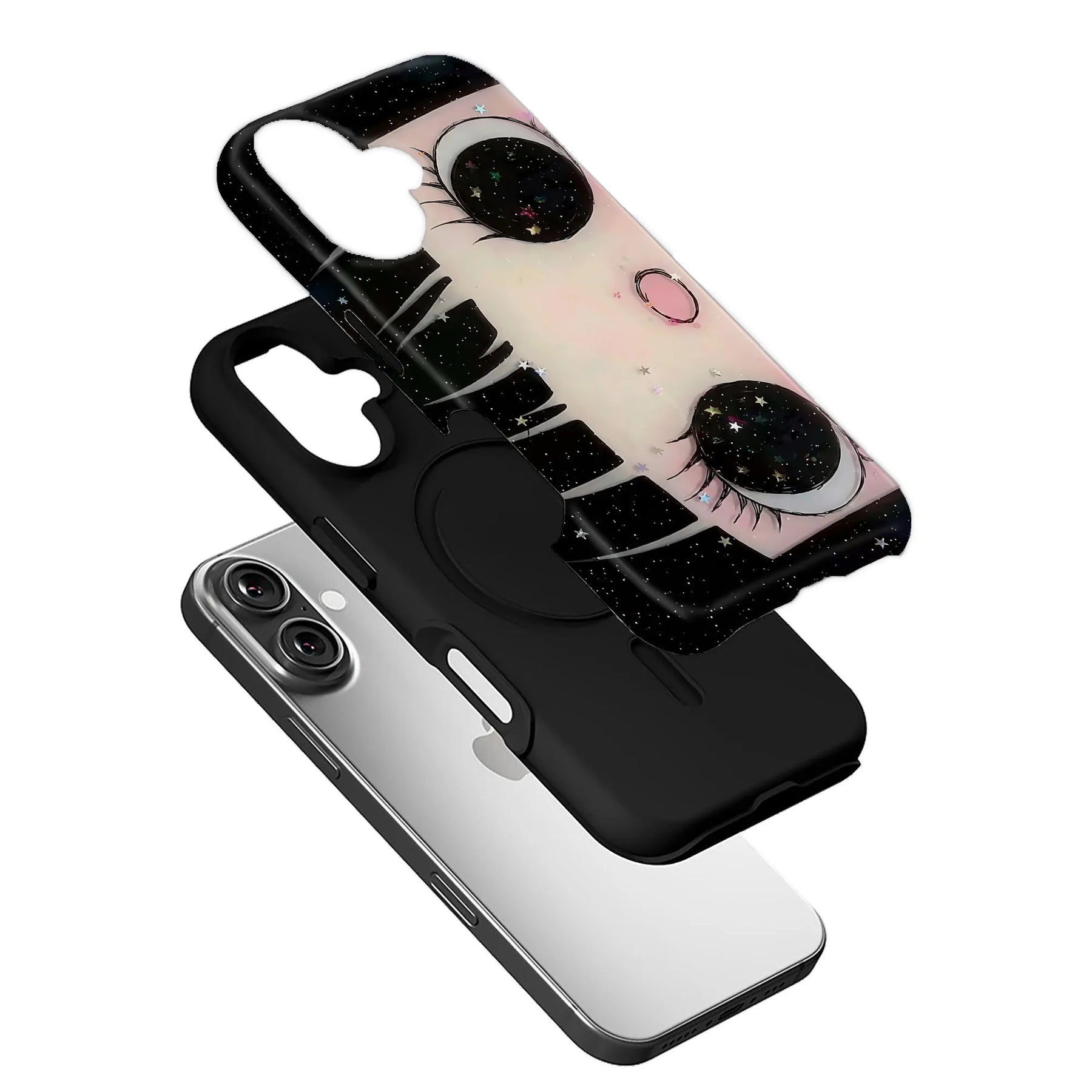 Black and pink cartoon eyes phone case with star pattern, angled product display