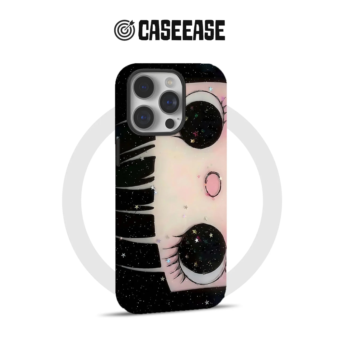 Black and pink starry eye design phone case shown from rear for Shopify listing