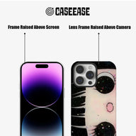 Black and pink phone case front and rear showing raised screen and camera frames