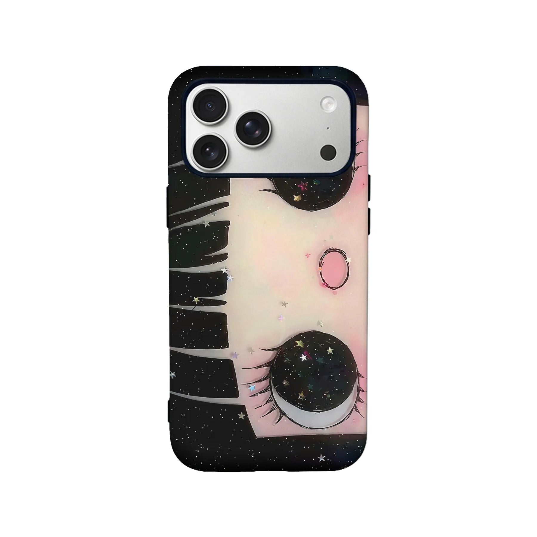 Black and pink eye piano star phone case, rear view for mobile accessory page