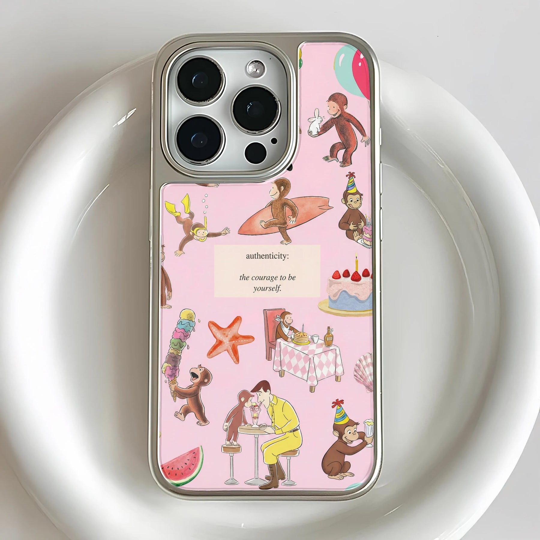 Funda holográfica cromada con diseño de mono curioso: divertida y colorida