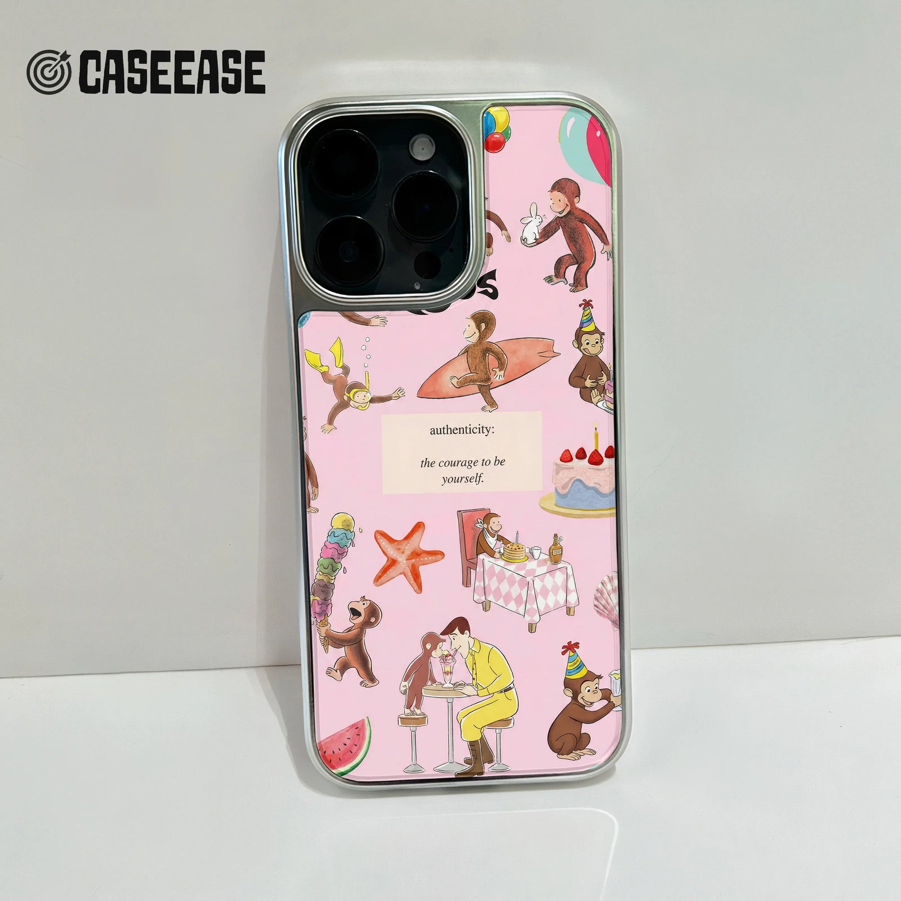 Funda holográfica cromada con diseño de mono curioso: divertida y colorida