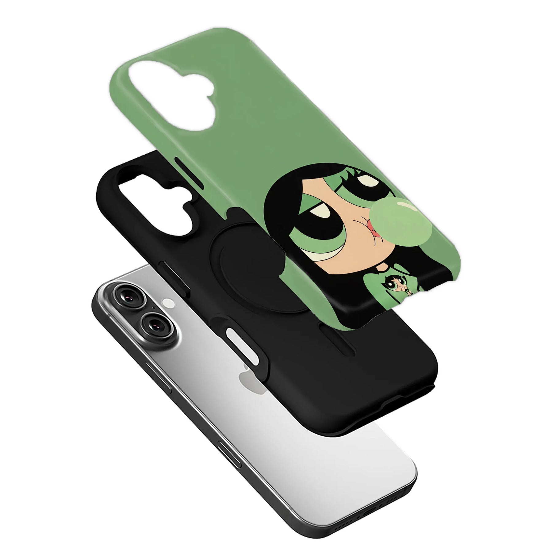 Green cartoon phone case with black holder shown angled above smartphone