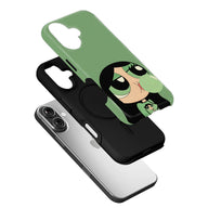 Green cartoon phone case with black holder shown angled above smartphone