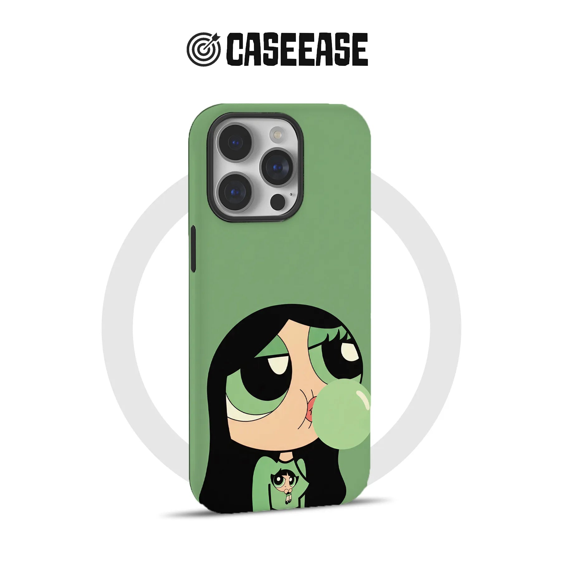 Green CASEEASE phone case with cartoon girl blowing bubble, rear product view