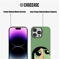 Green cartoon phone case front and back showing raised screen and camera frames