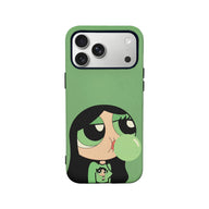 Green cartoon phone case with bubblegum girl design, shown from rear angle