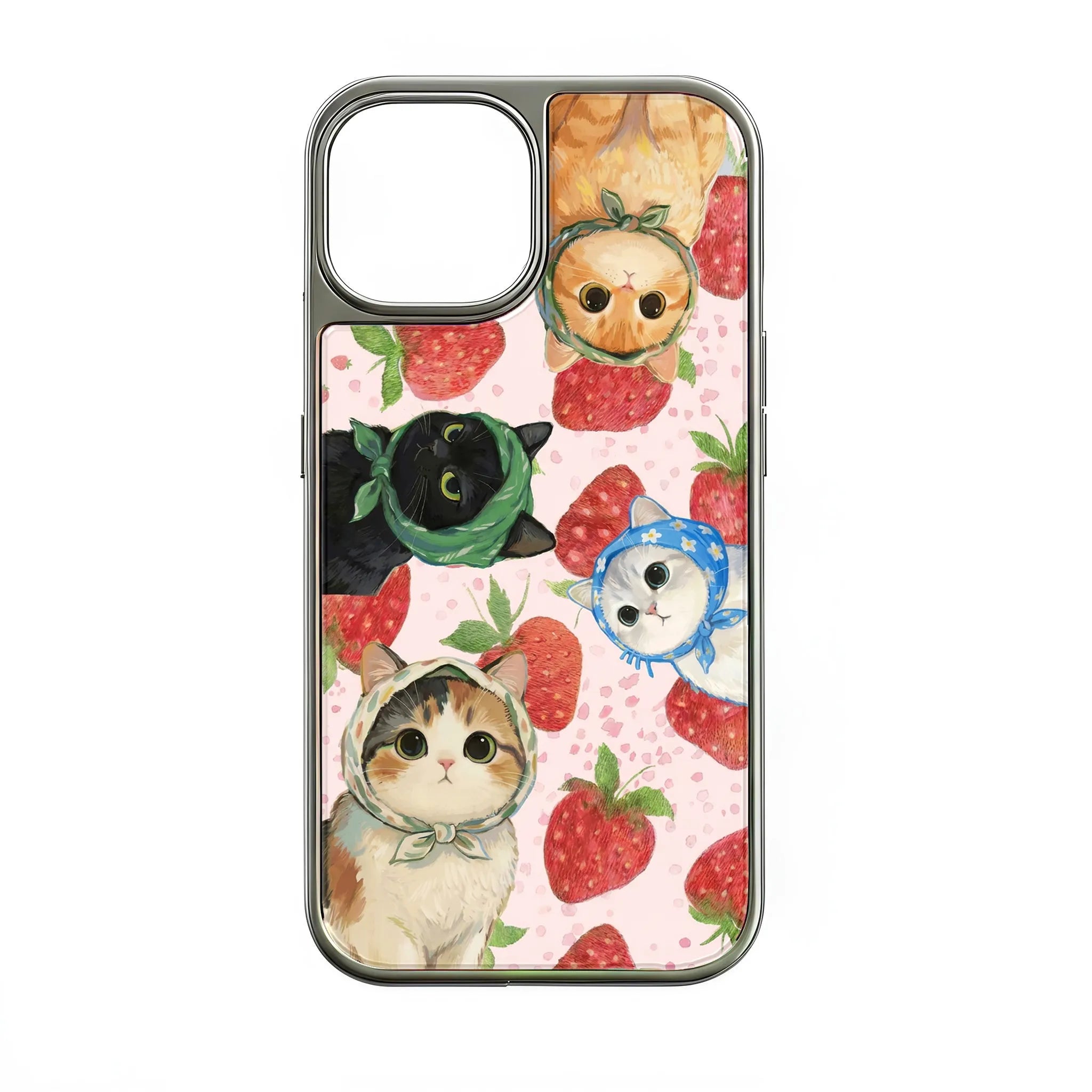 Holographic Chrome Cat Phone Case - Fun Strawberry Design