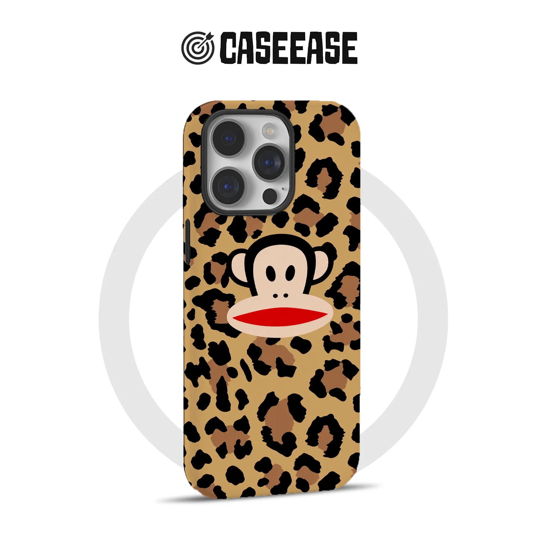 Tan leopard print phone case with cartoon monkey, rear angle for iPhone
