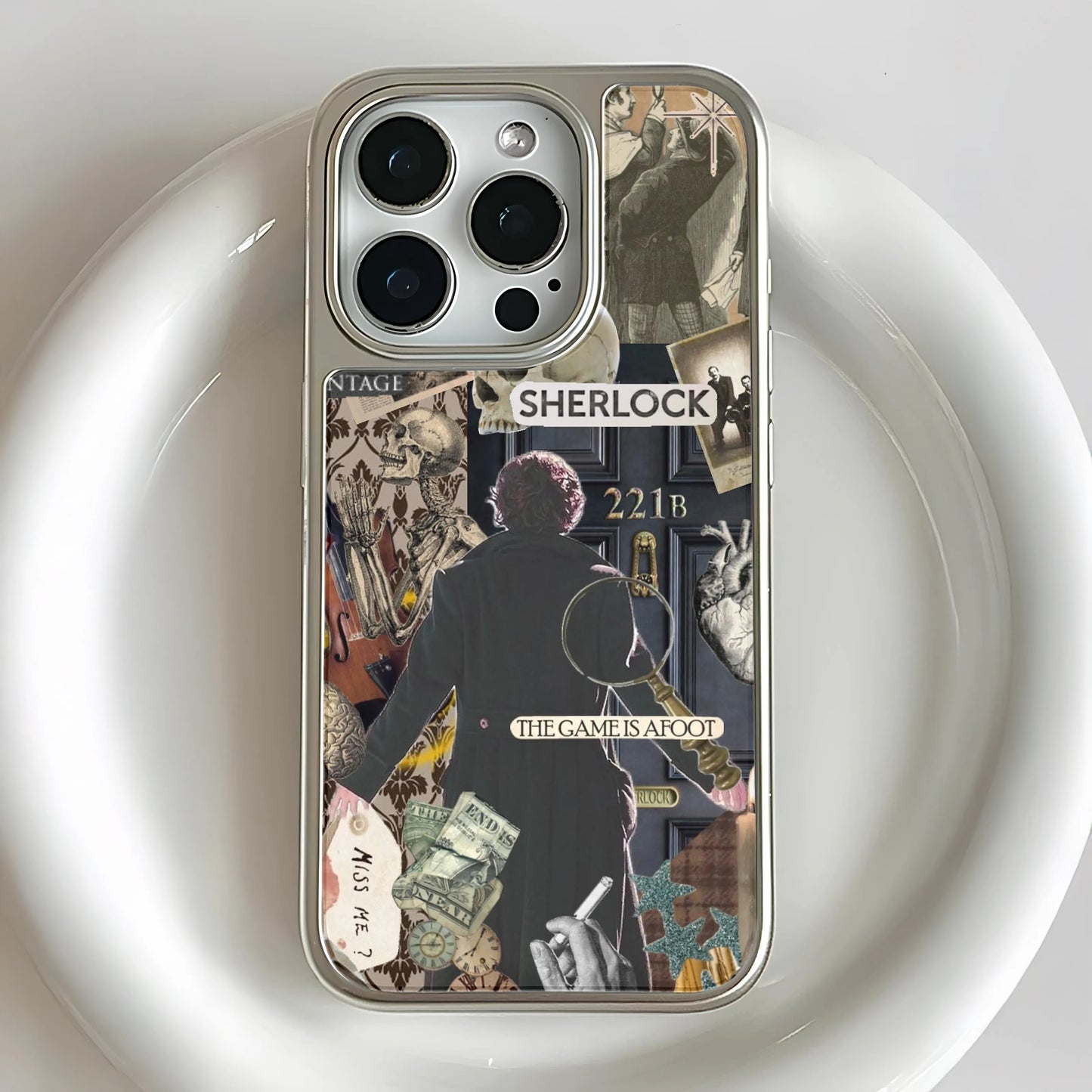 Holographic Chrome Sherlock Phone Case - Vintage Aesthetic with 221B Design