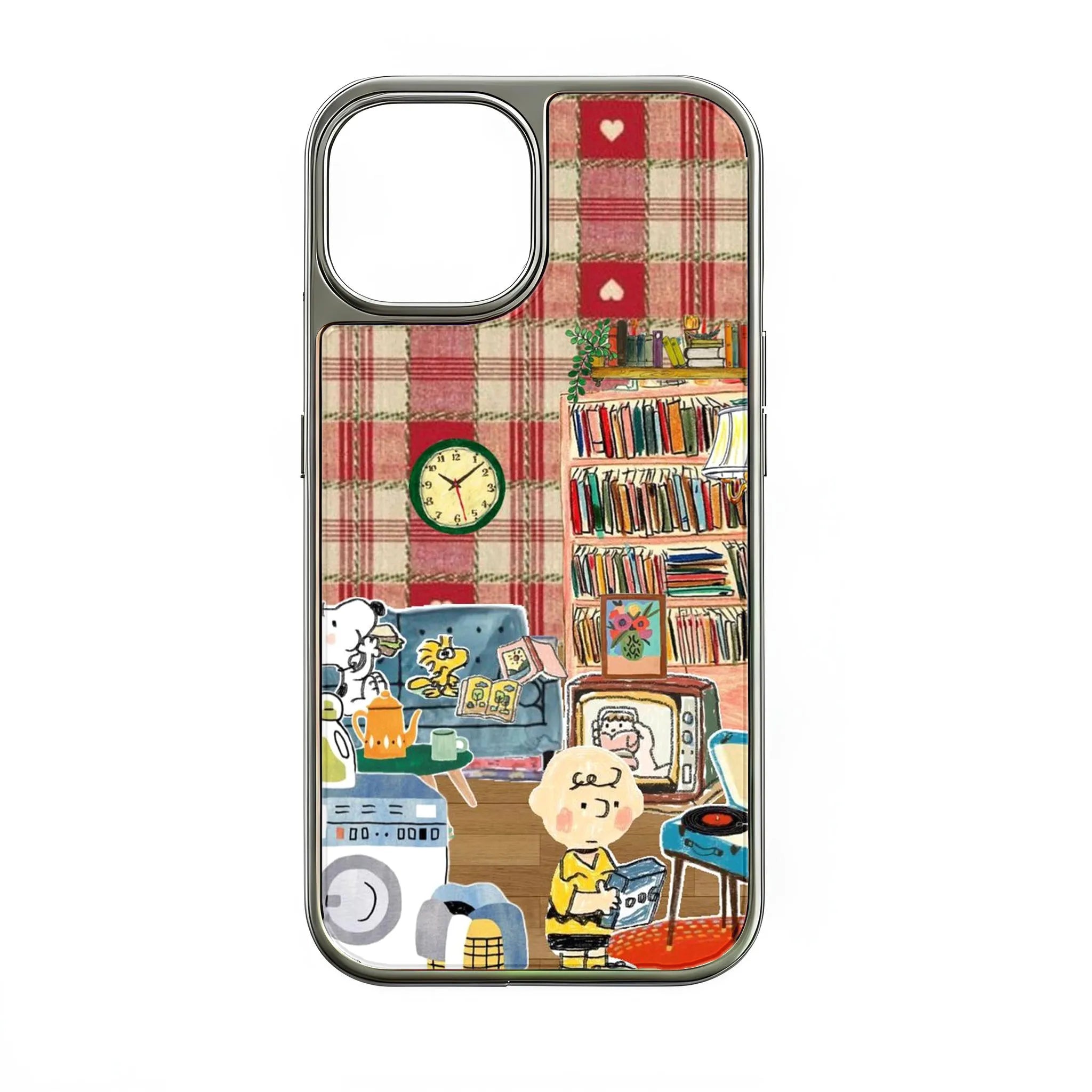 Silver phone case with colorful cartoon room illustration, rear view product display