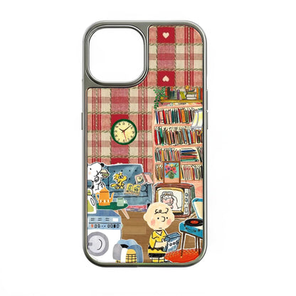 Silver phone case with colorful cartoon room illustration, rear view product display
