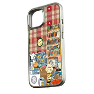 Silver phone case with colorful cartoon room illustration, angled rear product view