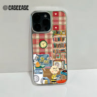 Angled close-up of silver phone case with red plaid cartoon room design