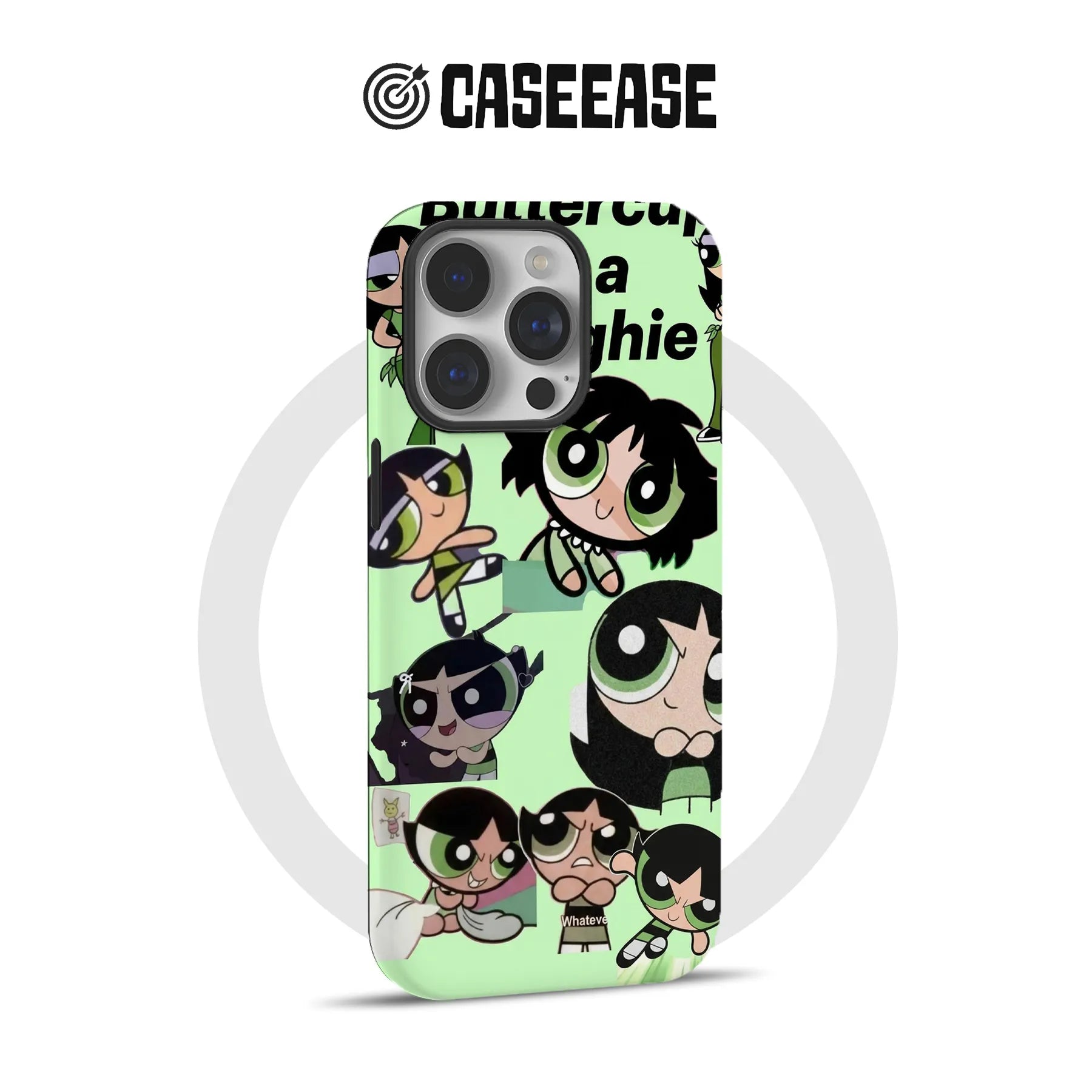 Mint green cartoon phone case with black-haired character collage, rear angle for iPhone