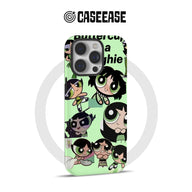 Mint green cartoon phone case with black-haired character collage, rear angle for iPhone
