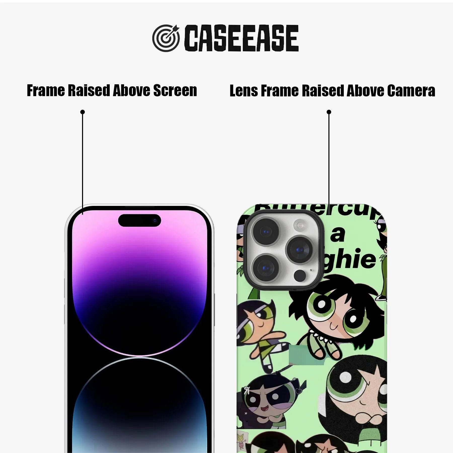 Green cartoon phone case shown front and rear angles with raised screen and camera frames