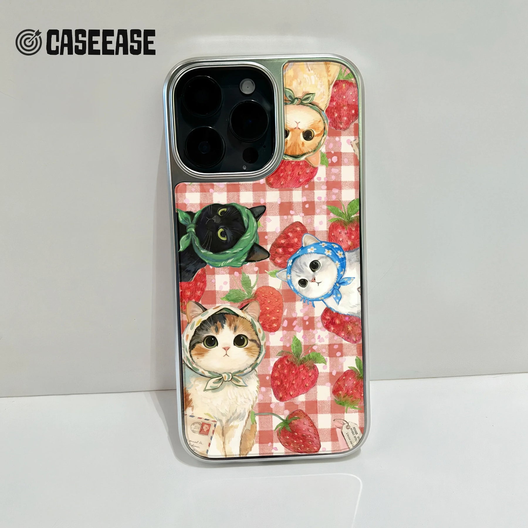 Holographic Chrome Cat and Strawberry Phone Case