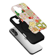 Colorful patchwork cartoon phone case over black shell, angled exploded product display