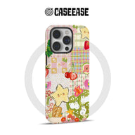 Pastel patchwork phone case with fruit, stars, and rabbits shown from rear angle