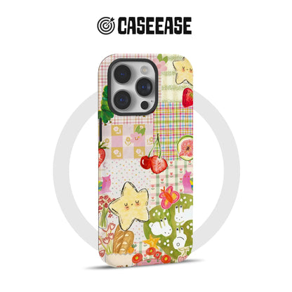 Pastel patchwork phone case with fruit, stars, and rabbits shown from rear angle