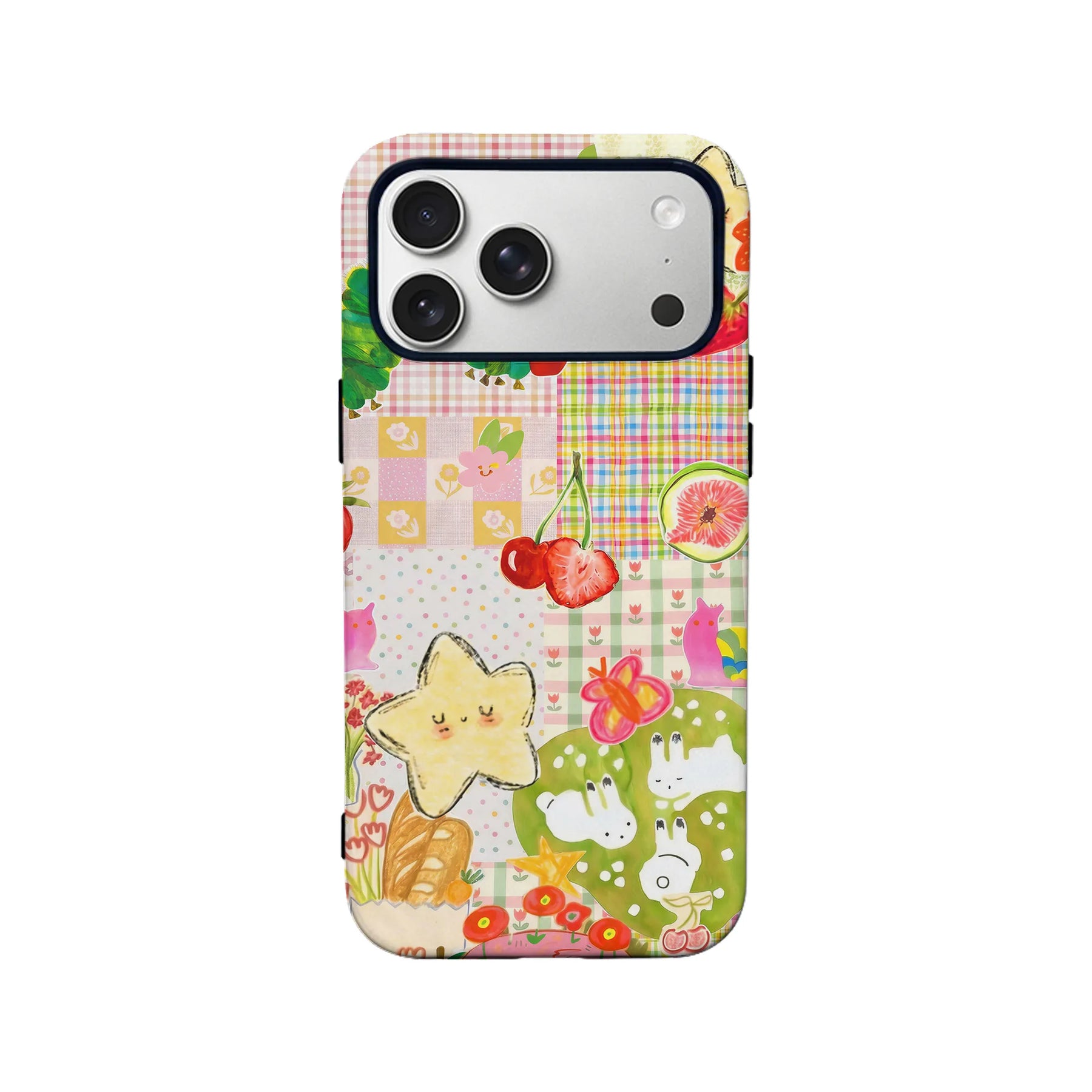 Colorful patchwork kawaii phone case with fruit and bunny illustrations, back angle