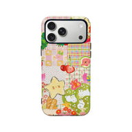 Colorful patchwork kawaii phone case with fruit and bunny illustrations, back angle