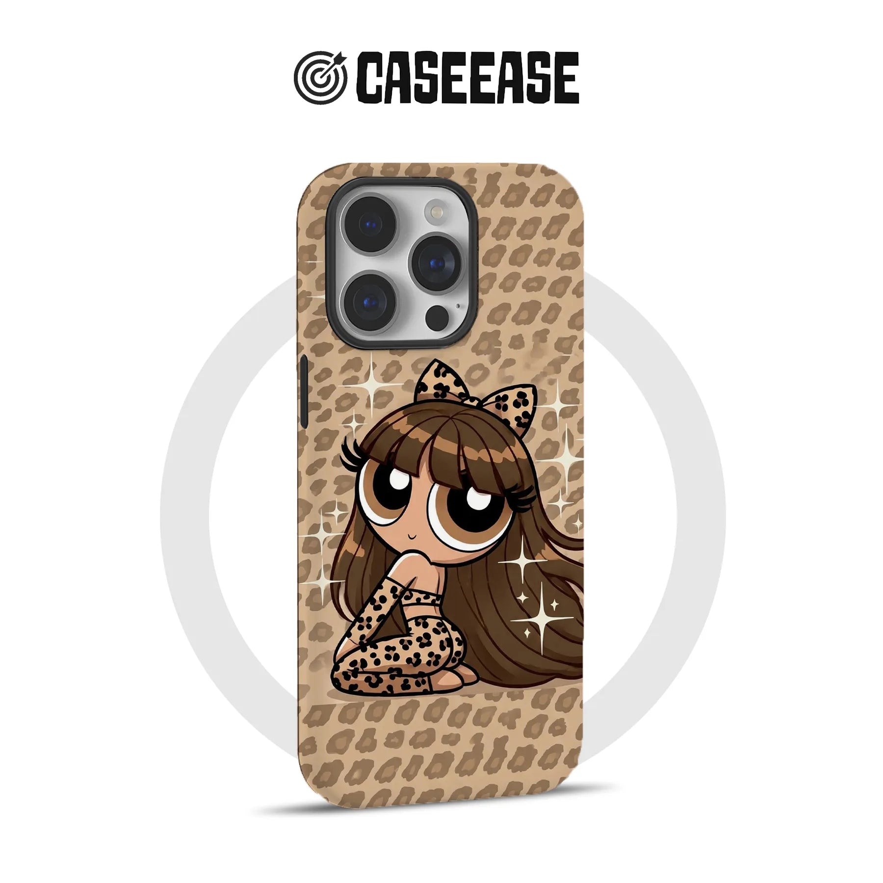 Tan leopard print smartphone case with cartoon girl design, rear angle product display