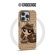 Tan leopard print smartphone case with cartoon girl design, rear angle product display