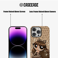 Beige leopard cartoon phone case front and rear detail showing raised screen and camera frames