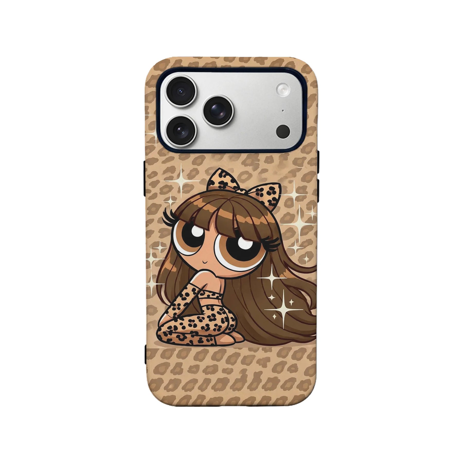 Tan leopard print phone case with cartoon girl design, shown from back