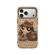 Tan leopard print phone case with cartoon girl design, shown from back