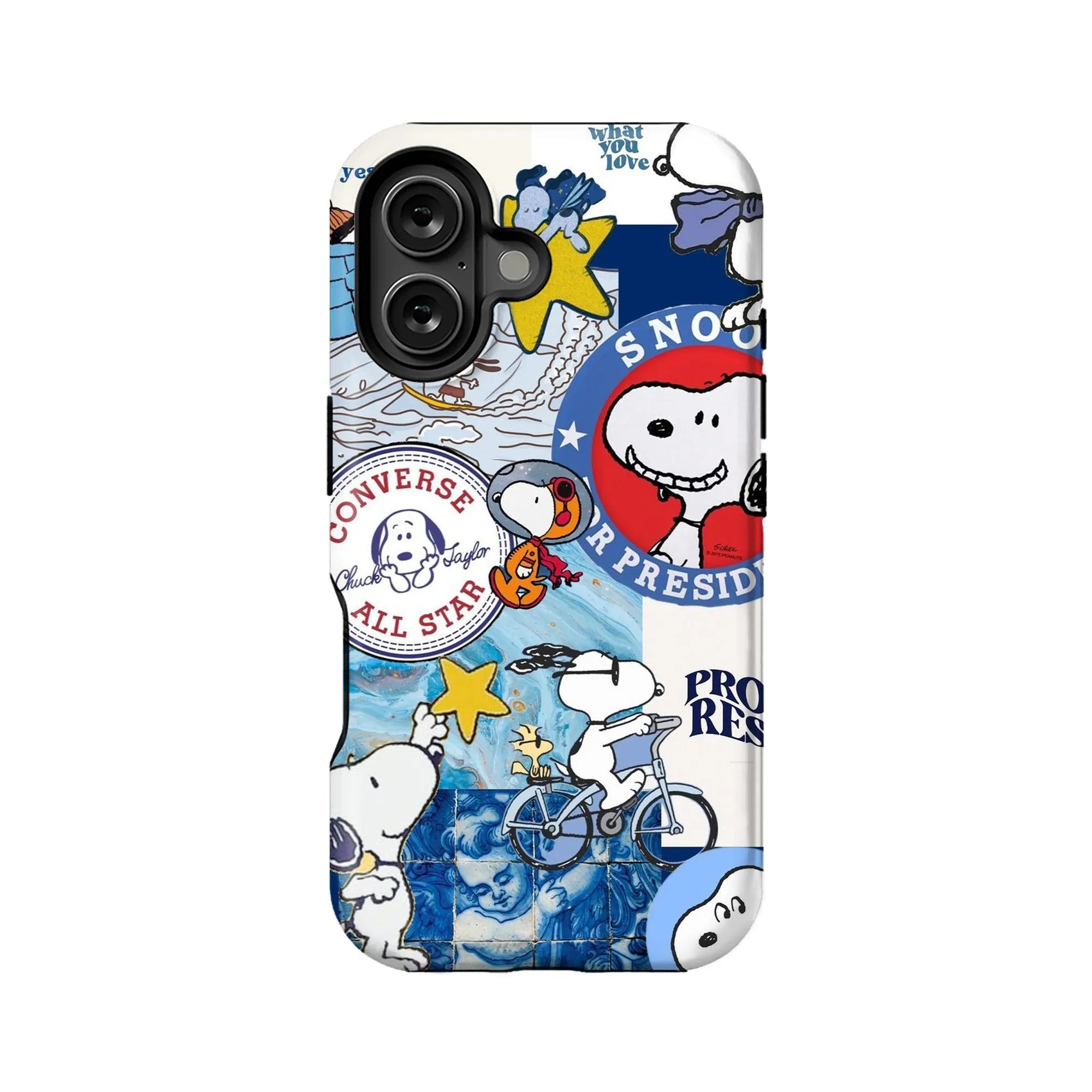 Snoopy collage phone case with Converse logo, blue artwork, stars, and cartoon Snoopy illustrations.