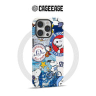 Snoopy collage phone case with Converse logo, blue artwork, stars, and cartoon Snoopy illustrations.