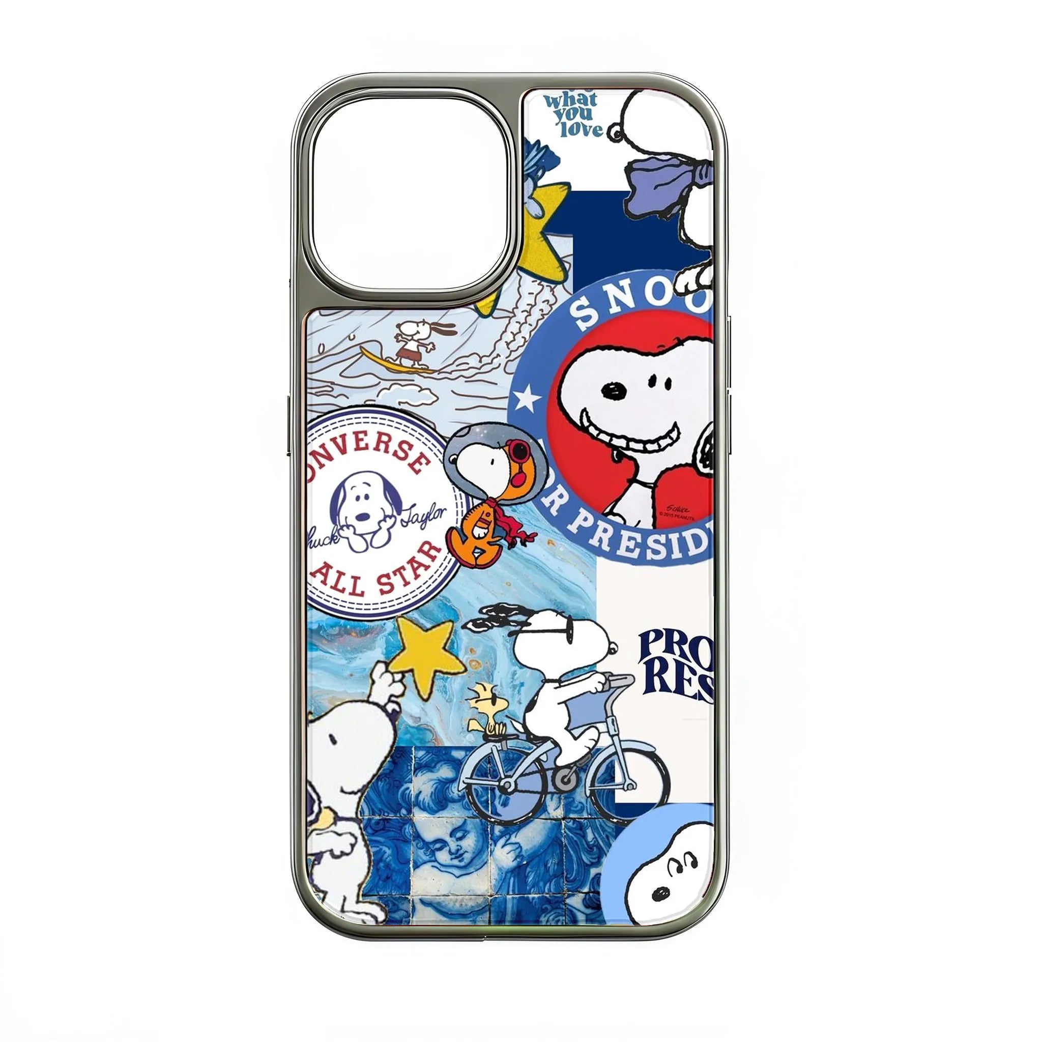 Silver phone case back with colorful Snoopy collage design and camera cutout