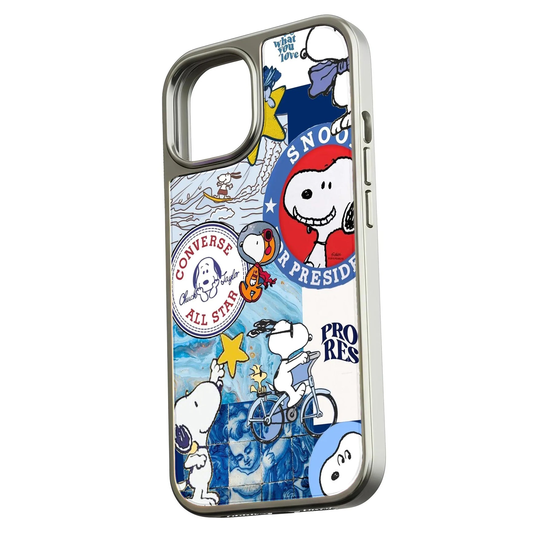 Silver phone case with colorful Snoopy collage design shown from rear side angle