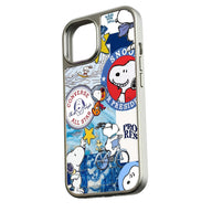 Silver phone case with colorful Snoopy collage design shown from rear side angle
