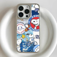 Silver iPhone case with colorful Snoopy collage design, rear close-up camera angle