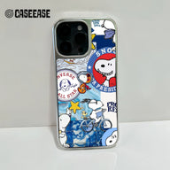 Silver-edged phone case with colorful Snoopy collage, close-up rear camera detail
