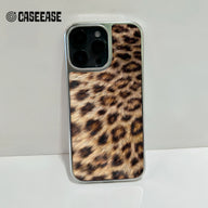 Silver phone case with brown leopard print back, close-up rear camera angle