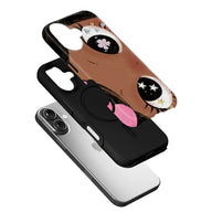 Angled brown cartoon face phone case with black bumper on silver smartphone