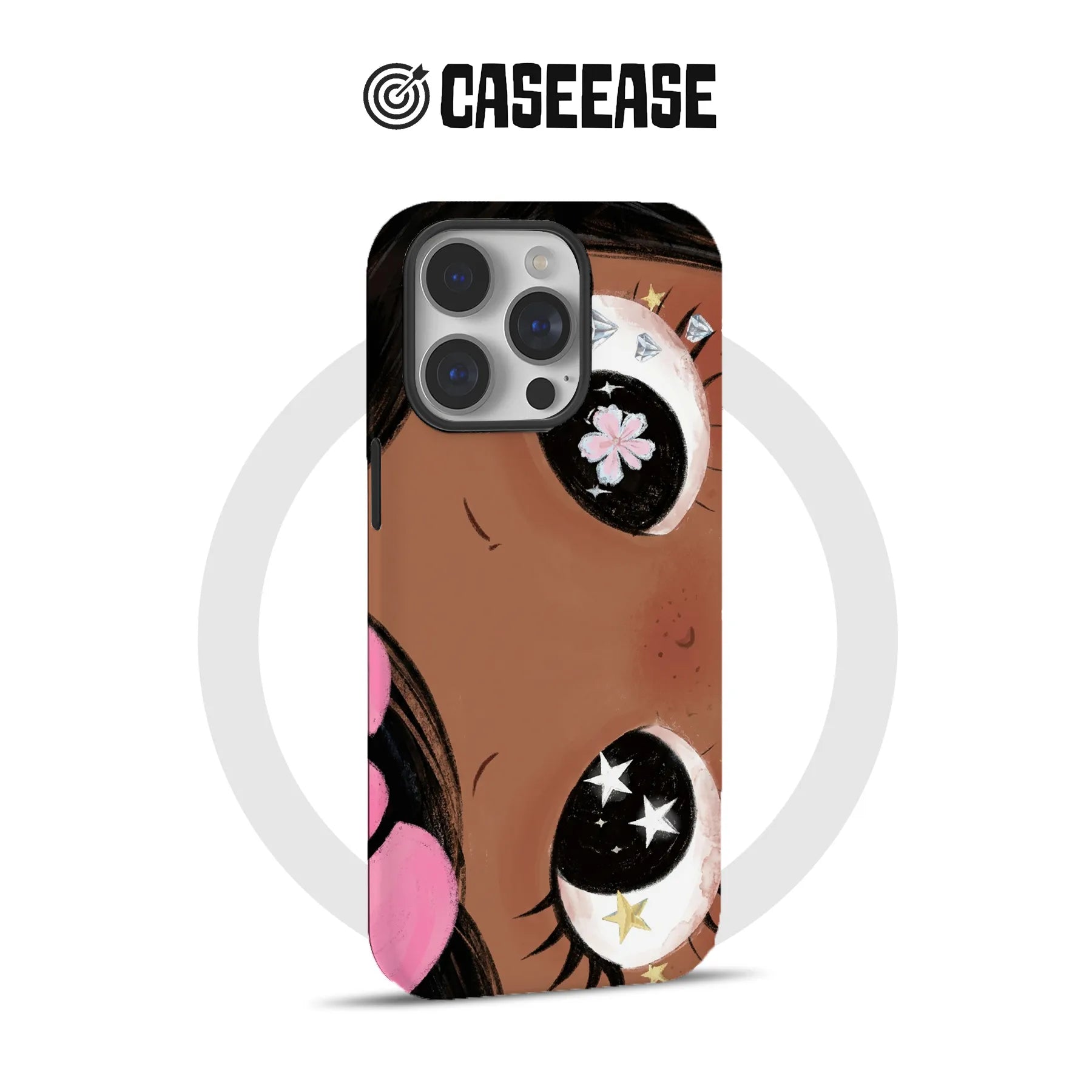 Brown illustrated iPhone case with cartoon eyes, front-facing product mockup for CASEEASE